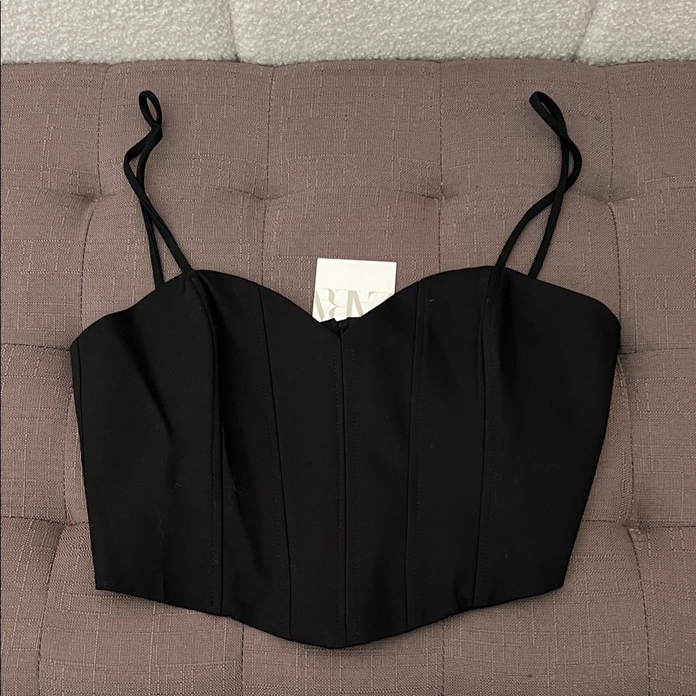 NWT Zara Black Structured Cropped Bustier Cami w/ Spaghetti Straps // Small
